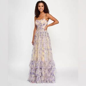 P Femme Yellow Purple Floral Tiered Maxi Dress Ruffle Chiffon Size 3/4 NWT
